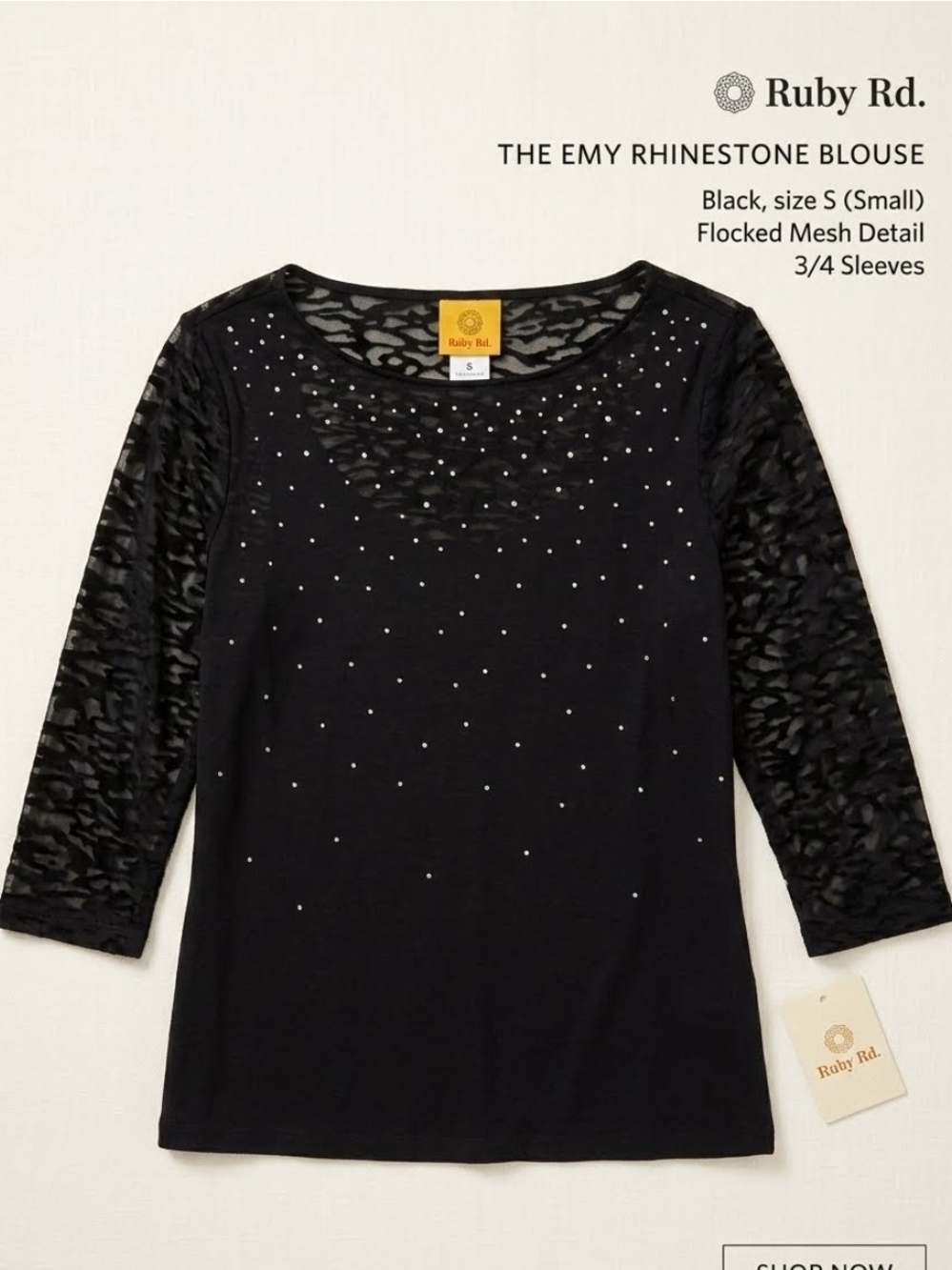 Ruby Rd. Black Rhinestone Flocked Mesh 3/4 Sleeve Blouse